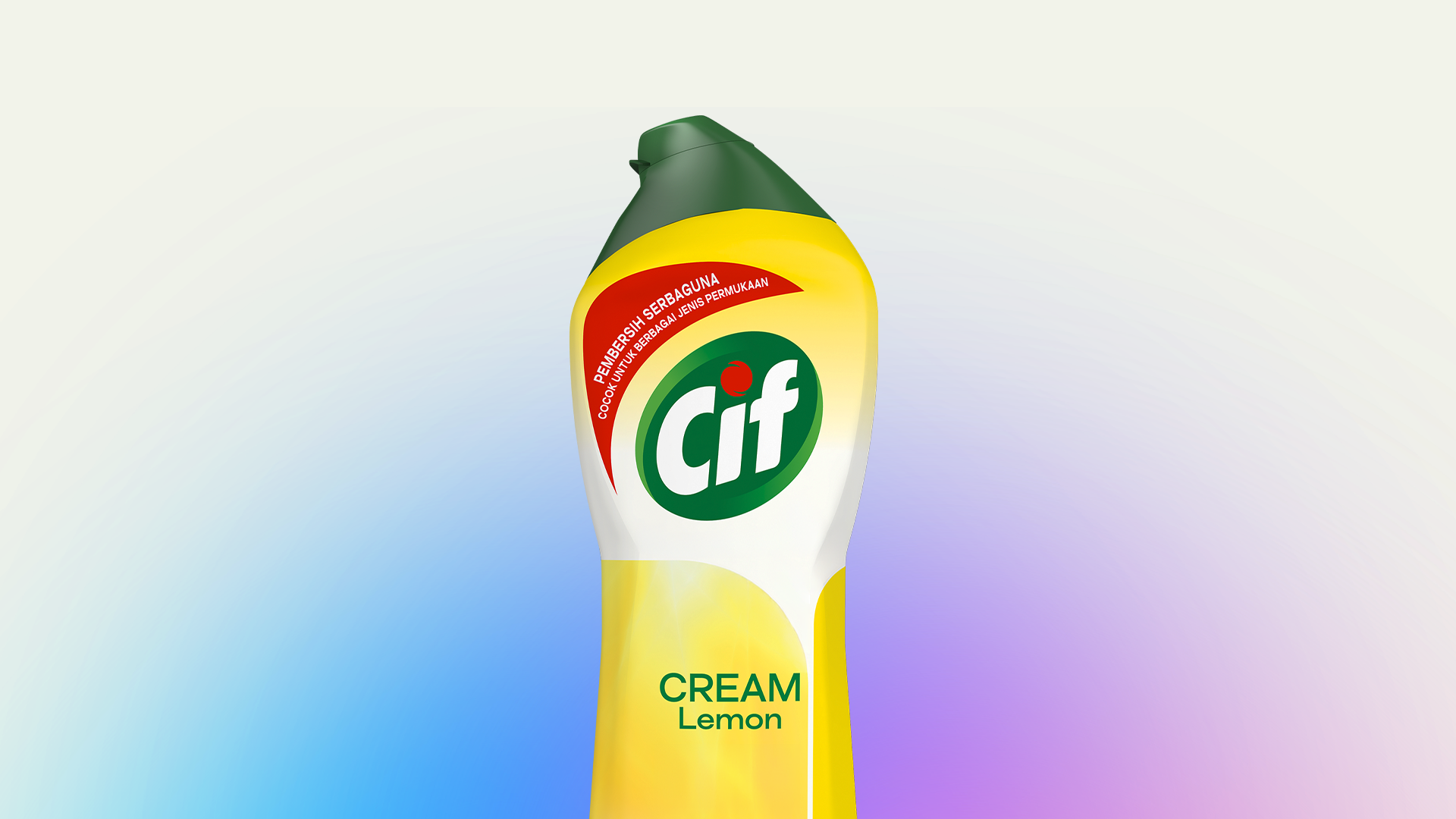 Fles Cif Lemon-reinigingscrème tegen een zachte blauw-paarse achtergrond