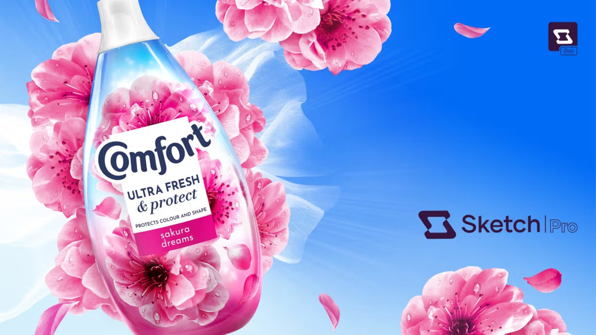 Een fles Comfort-wasverzachter met roze kersenbloesem gemaakt met Sketch AI-contentcreatie.