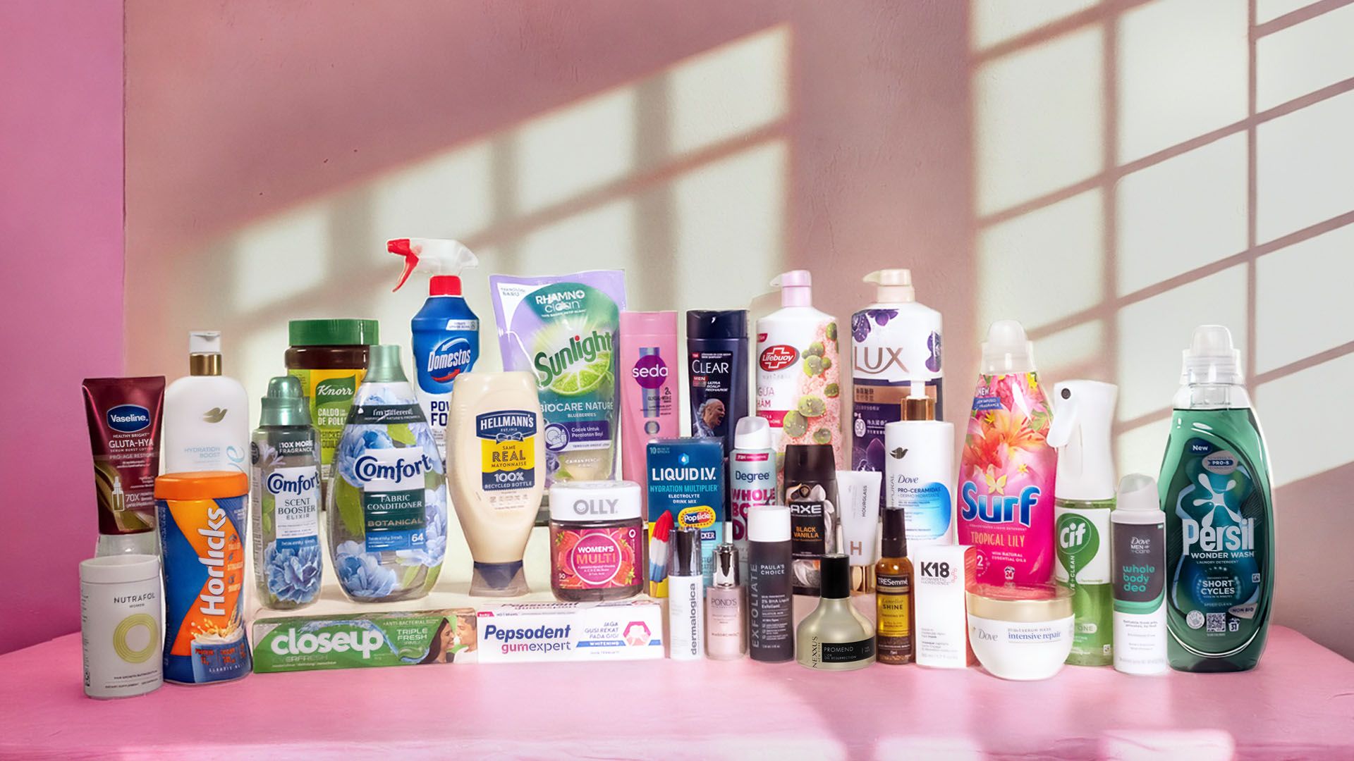 Lijn van Power Brands van Unilever, waaronder Dove, Liquid I.V., Degree, Vaseline, Persil, Cif, Hellmann's en Knorr.